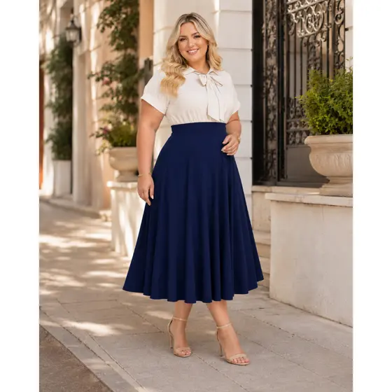 Saia Evangélica Preta Plus Size Casual Igreja Midi Moderna Tendência Fluida Confortável Básica Dia a Dia