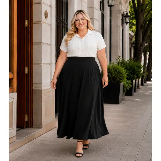 Saia Plus Size Feminina Rodada Cintura Alta Midi Confortável Fluida Básico Versátil Sofisticado Com Elastico