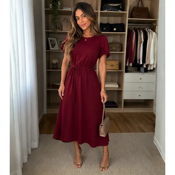 Vestido Longo Versátil Básico Modesto Alfaiataria Cintura Ajustável Soltinho Elegante Casual