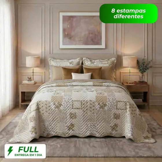 Kit Cobre Leito Colcha King Size Dupla Face Floral 3 Peças Boutis Matelassê Estampada Microfibra