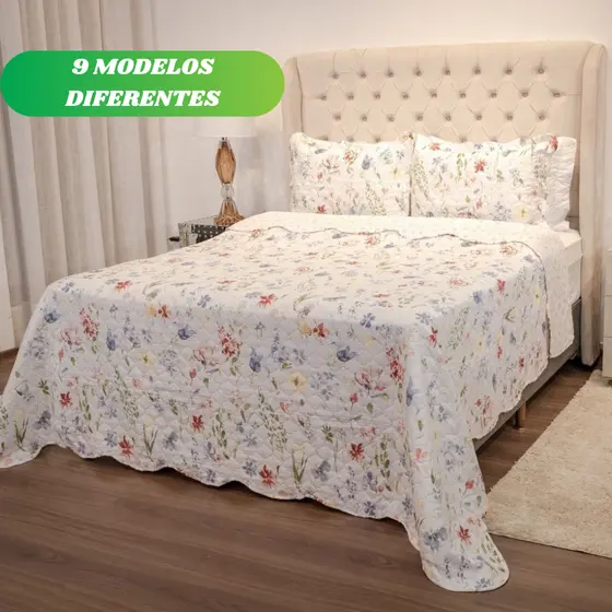 Kit Colcha Cobre Leito Casal Queen King Dupla Face Floral Estampada Matelada Boutis Super Macia