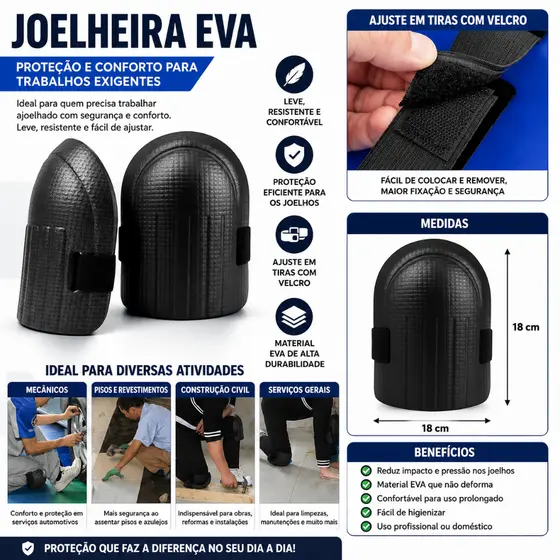 Joelheira De Protecao Par Multiuso Preta Resistente Construção Civil Assentar Piso Protege O Joelho
