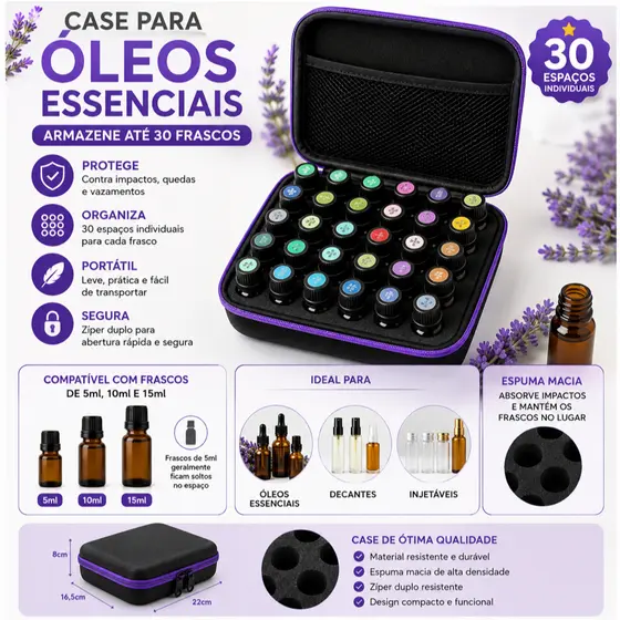 Estojo case de Armazenamento para 30 Frascos De Óleo Essencial Para Aromaterapia bolsa 5 10 15 ml