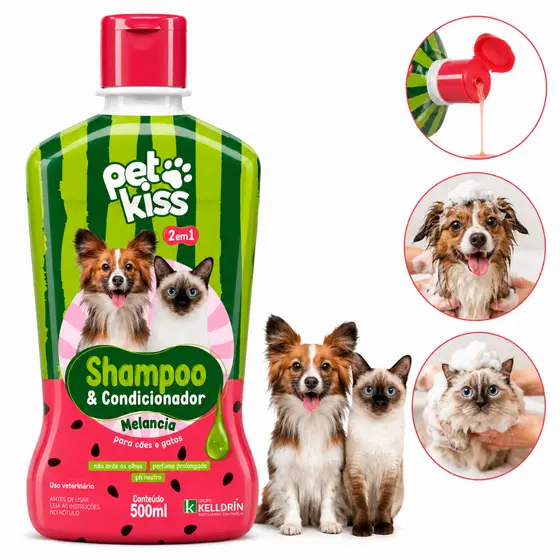 Shampoo Condicionador 2em1 Pet Kiss Melancia Kelldrin 500ml Cães Gatos Pelo Macio