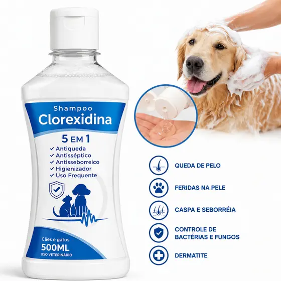 Shampoo Clorexidina 5 em 1 500ml Cães Gatos Dermatológico Antisséptico Banho Pet Antifúngico