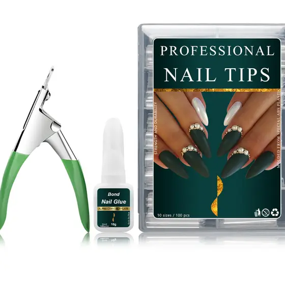Kit Unha Manicure Alogamento de Unhas em Gel Iniciante 100 Unhas Tips Postiça Cola Pincel Alicate Cortador de Tips