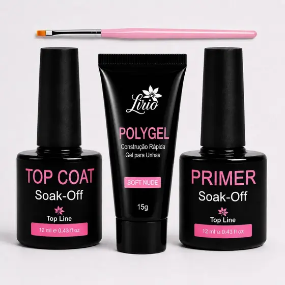 kit Polygel Unhas em Gel Iniciante Manicure Alogamento de Unha Poligel Top Coat Primer Pincel