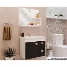 Conjunto de Banheiro Balcão Suspenso c/Cuba 55cm e Armário c/ Espelho Hortência Isa Branco/Preto - MGM