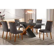 Sala de Jantar Completa Imperatriz Tampo Madeirado Vidro Curvo 180x90 e 6 Cadeiras Amsterdã Imbuia/Veludo Grafite Rufato