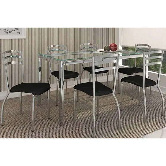 Conjunto: Mesa de Cozinha Reno c/ Tampo Vidro 150cm + 6 Cadeiras Portugal Cromado/Courano Preto - Kappesberg
