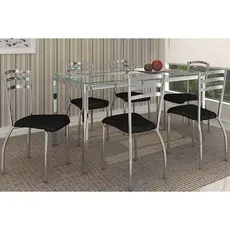 Conjunto: Mesa de Cozinha Reno c/ Tampo Vidro 150cm + 6 Cadeiras Portugal Cromado/Courano Preto - Kappesberg