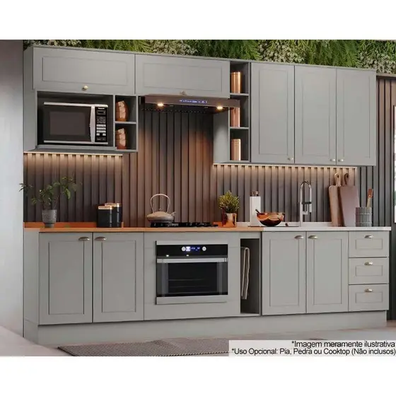 Cozinha Completa Americana 12 Peças (5Aéreos+4Balcões+3Complementos) CZ314 Cinza - Henn