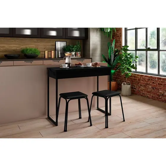 Mesa para Cozinha Dobrável 1590 c/ 2 Banquetas Preto - Carraro