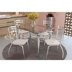 Sala de Jantar Completa Elba c/ Tampo de Vidro 120cm e 4 Cadeiras Portugal Cromada - Courano Branco - Kappesberg