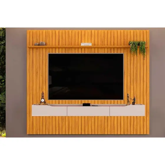 Rack Bancada c/ Painel p/ TV até 85 Pol Pratic Ripado 3 Gavetas 250x240cm Cedro/Bali - DJ Móveis