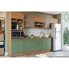 Cozinha Completa Botanic 8 Peças (3 Armários + 2 Balcões + 1 Paneleiro + 2 Complementos) M663 Nogueira/Verde Oliva - Kappesberg