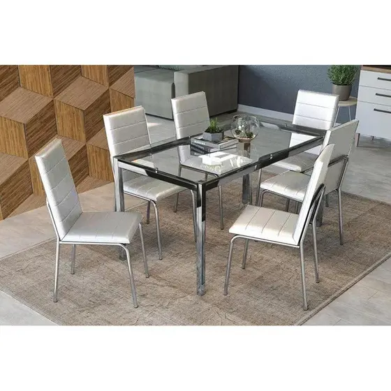Conjunto: Mesa de Cozinha Reno c/ Tampo Vidro 150cm + 6 Cadeiras Amsterdã Cromado/Courano Branco - Kappesberg