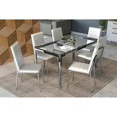 Conjunto: Mesa de Cozinha Reno c/ Tampo Vidro 150cm + 6 Cadeiras Amsterdã Cromado/Courano Branco - Kappesberg