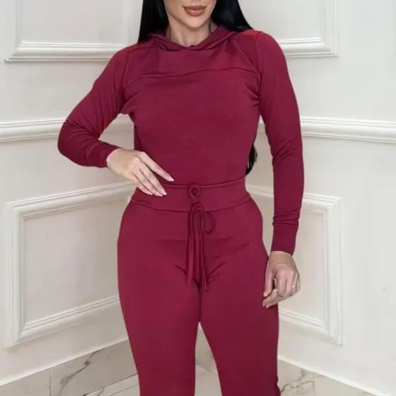 Conjunto Feminino de Frio Com Capuz Moda Inverno Tecido Crepe de Malha Agasalho