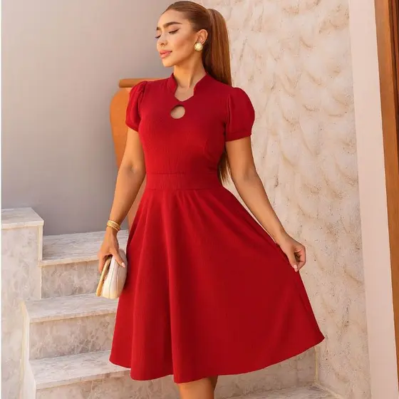 Vestido Feminino Rodado Soltinho Elegante Modelo Manga Bufante