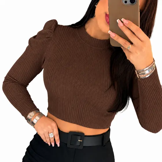 Blusa Feminina Canelada Manga Longa Bufante Gola Alta Cropped Inverno