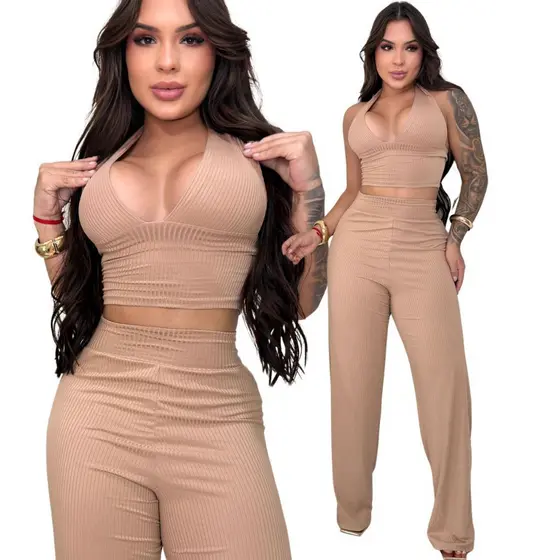 Conjunto Feminino Calça Pantalona Wide Leg + Top Cropped Amarração Multiformas Moda Gringa Elegante Casual
