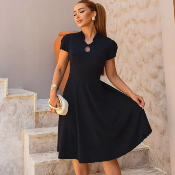 Vestido Rodado Midi Godê Social Elegante Gola Chinesa Moda Evangélica Casual Festa Trabalho
