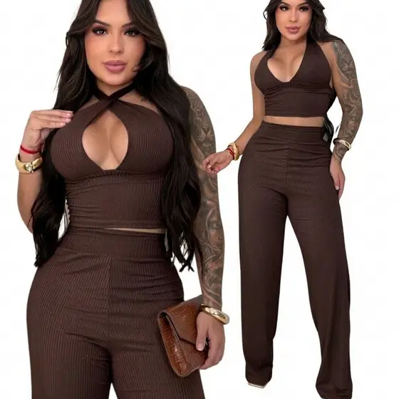 Conjunto Feminino Calça Pantalona com Blusa Cropped Amarração de Várias Formas Elegante Sofisticada