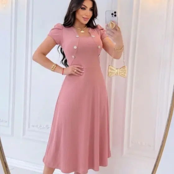 Vestido Feminino Midi Rodado Evangélico Detalhes de Botão Manga Bufante Malha Canelada Blazer Fake