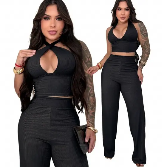 Conjunto Feminino Calça Pantalona Wide Leg + Cropped Amarração Multiformas Moda Gringa Sofisticada
