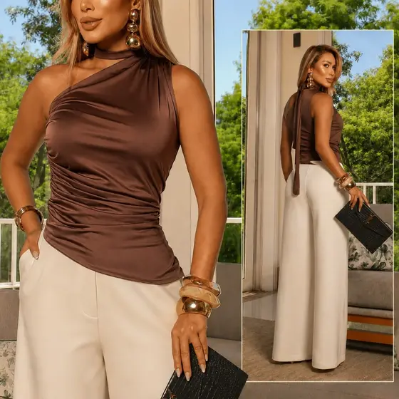 Blusa Feminina Amarração no Pescoço Mula Manca Um Ombro Só Assimétrica Poliamida