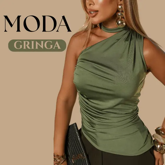 Blusa Feminina Nula Manga Amarração no Pescoço Gola Choker Estilosa Assimétrica Moda Blogueira Gringa Verão