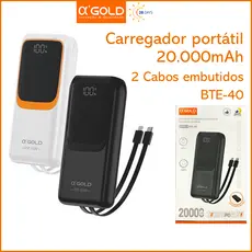 Bateria Portátil Power Bank 20.000mAh 22.5W PD Carga Rápida Turbo A'GOLD BTE-40