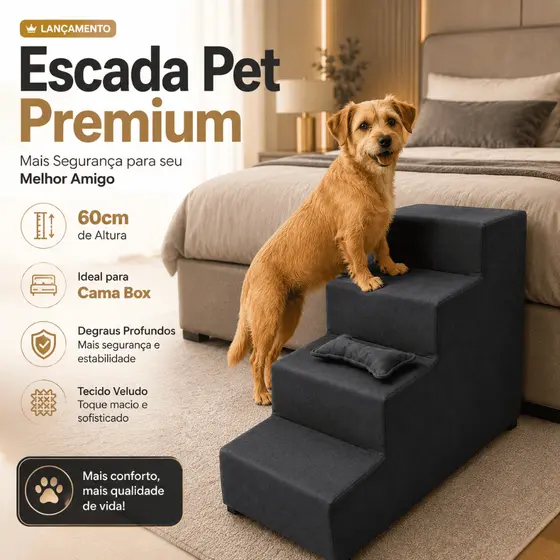 Escada Cachorro Gato 60 cm 4 Degraus Segurança Libertade - Escada de Cachorro Cama Box Sofá