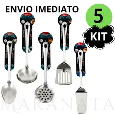 Kit 05 Utensílios de Cozinha Linha Recife 100% Inox 21cm Jogo de Colheres Pegadores Cozinha Restaurante