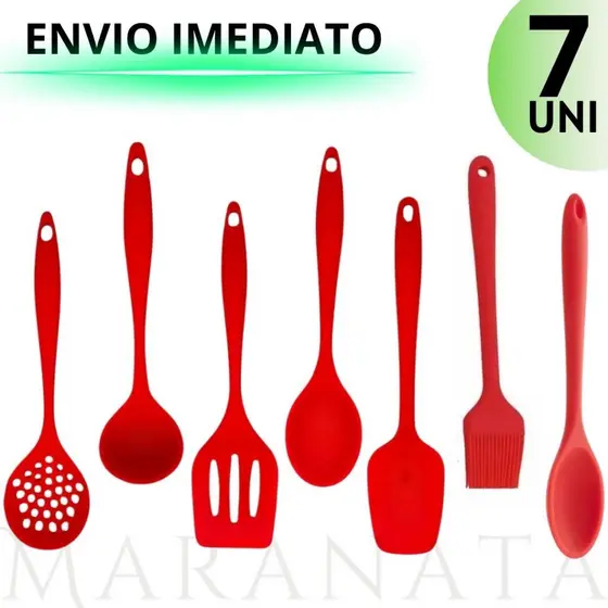 Kit 7 Utensílios 100% Silicone - Qualidade Premium Resistente Vermelho e Preto Colheres Pegadores de Comida