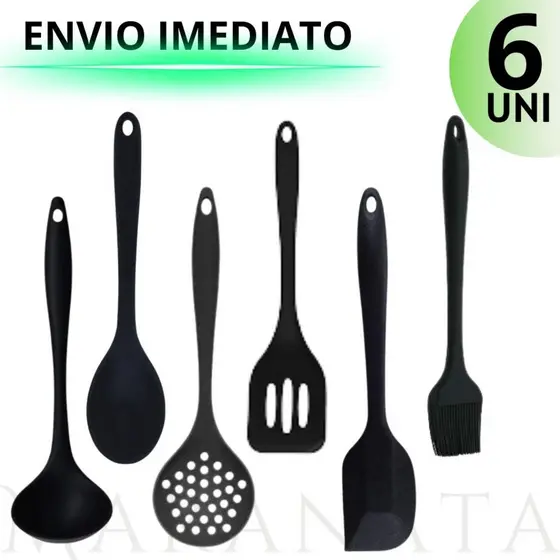 Kit 6 Utensílios De Cozinha 100% Silicone - Casa Cozinha Restaurante Chef Qualidade Premium Resistente Vermelho e Preto Colheres Pegadores de Comida