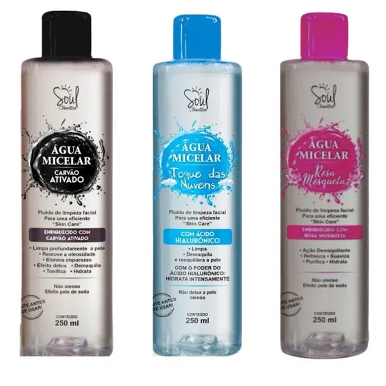 Kit com 3 Água Micelar diversas  250ml - Soul Cosméticos