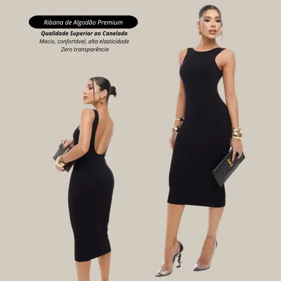 Vestido Midi feminino costa nua ribana premium algodão de festa justo colado tubinho outono inverno social de festa