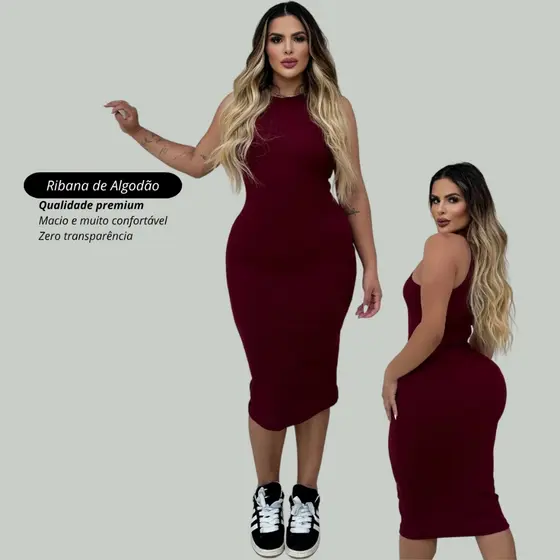 Vestido midi feminino sem manga ribana algodão premium confortável justo colado casual social