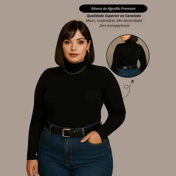 Blusa plus size feminina cacharrel gola alta canelado ribana premium outono inverno