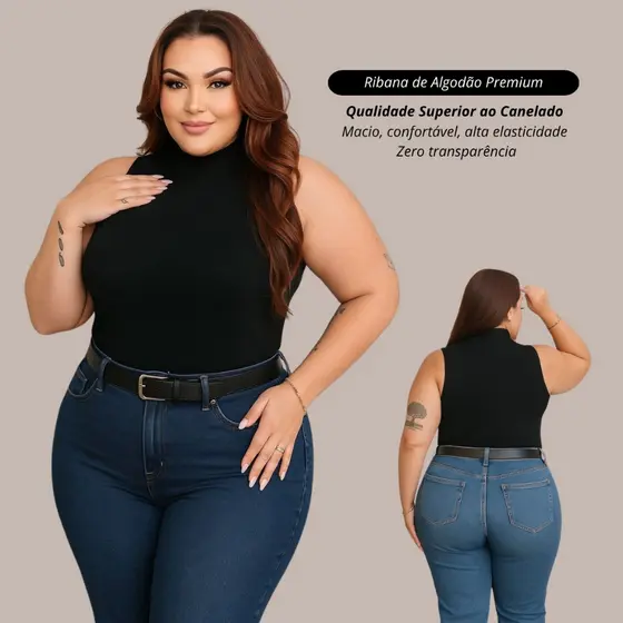 Blusa Feminina Plus Size Gola Alta Outono Inverno Sem Manga Casual Basica Comprida Canelado Ribana Premium