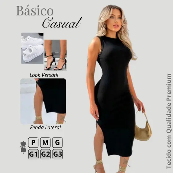 Vestido longo sem manga com fenda lateral ribana de algodão de alta elasticidade casual social de festa justo colado