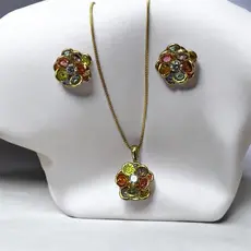 Conjunto Brinco e Colar de flor multicolor com pedras coloridas Semijoias