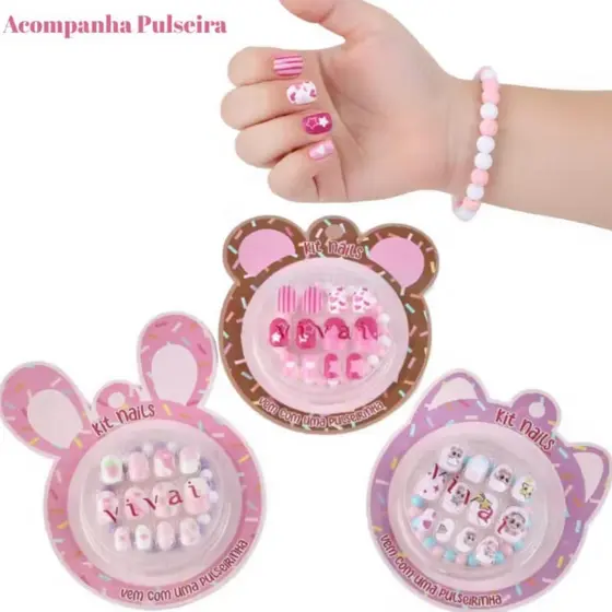 Unhas Postiça Infantil Cx 12 Unhas Vem Com Pulseirinha Kit Nails vivai