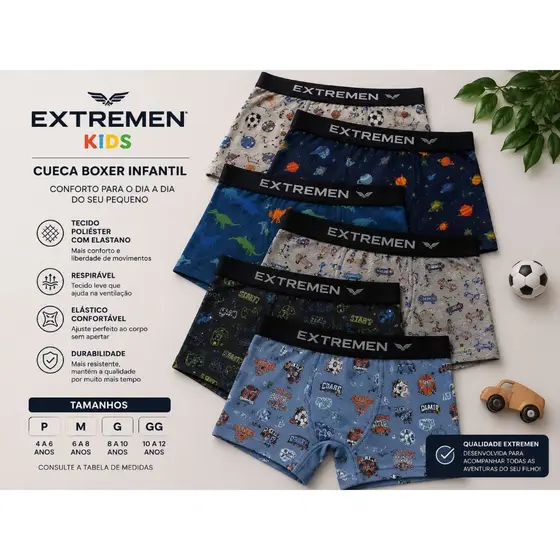 Kit  Cuecas Infantil Box Estampado Cueca Boxer Microfibra Menino