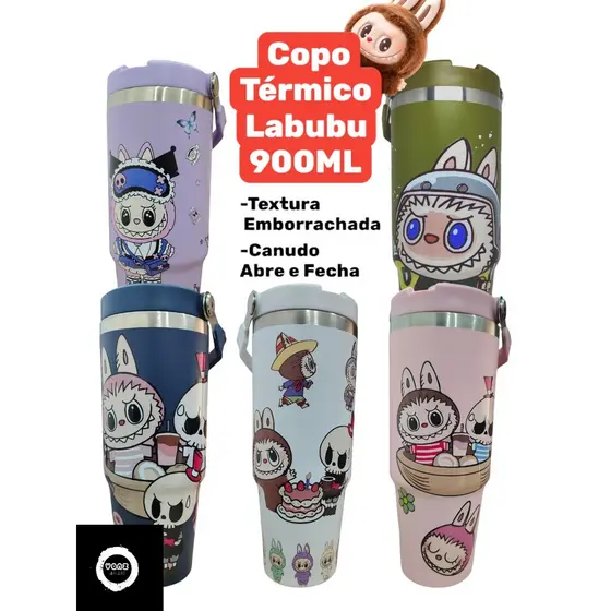 Copo térmico Labubu 900ml, textura emborrachada, canudo retrátil e alça