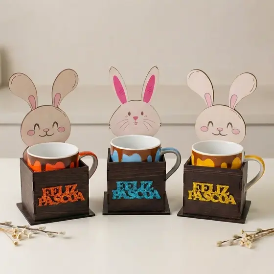 Caneca de Páscoa 290ml com Caixinha em MDF Kit 3