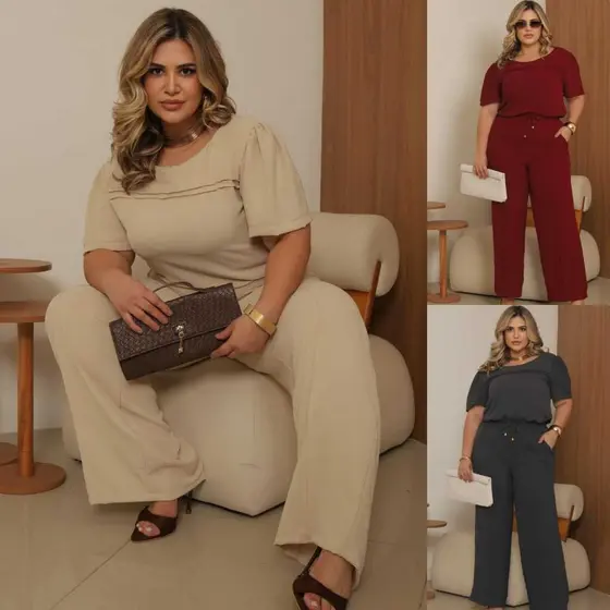 Conjunto Feminino Plus Size Blusa Manga Bufante + Calça Pantalona Duna Tamanho G1 G2 e G3 Elegante