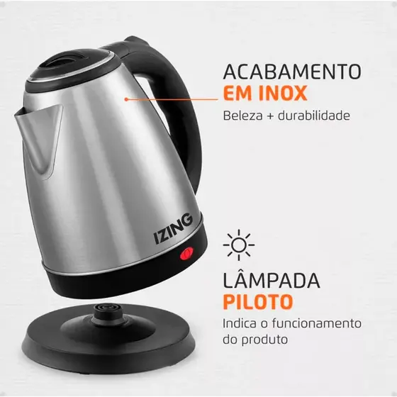 Chaleira Elétrica 1.8L Jarra Aço INOX desligamento automático Ferve Rápido Izing